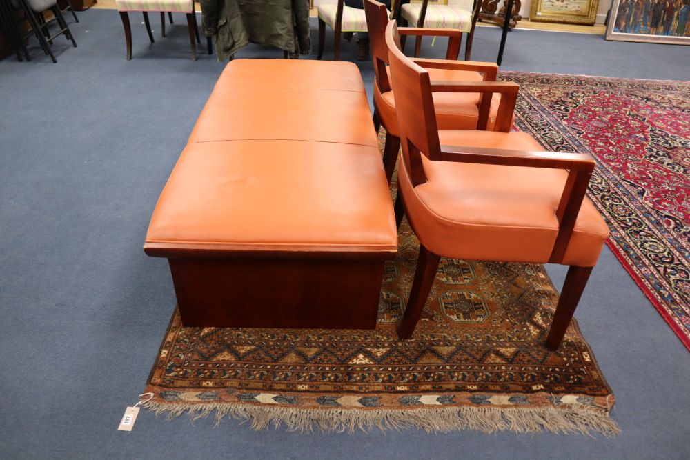 A Contemporary American Bernhardt Furniture Co. hand-made set, pair of armchairs and a bench in mid 20th century style, (about 10 years
